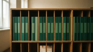 Reihe farbiger Archivmappen in geordneten Fächern eines Holzregals