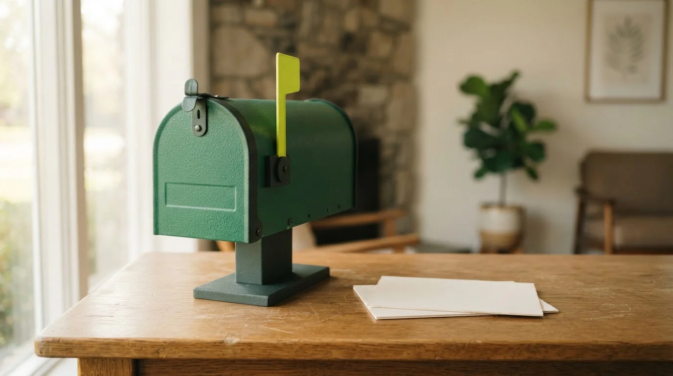 Schlichter Briefkasten und Notizzettel auf einem Kundendiensttisch