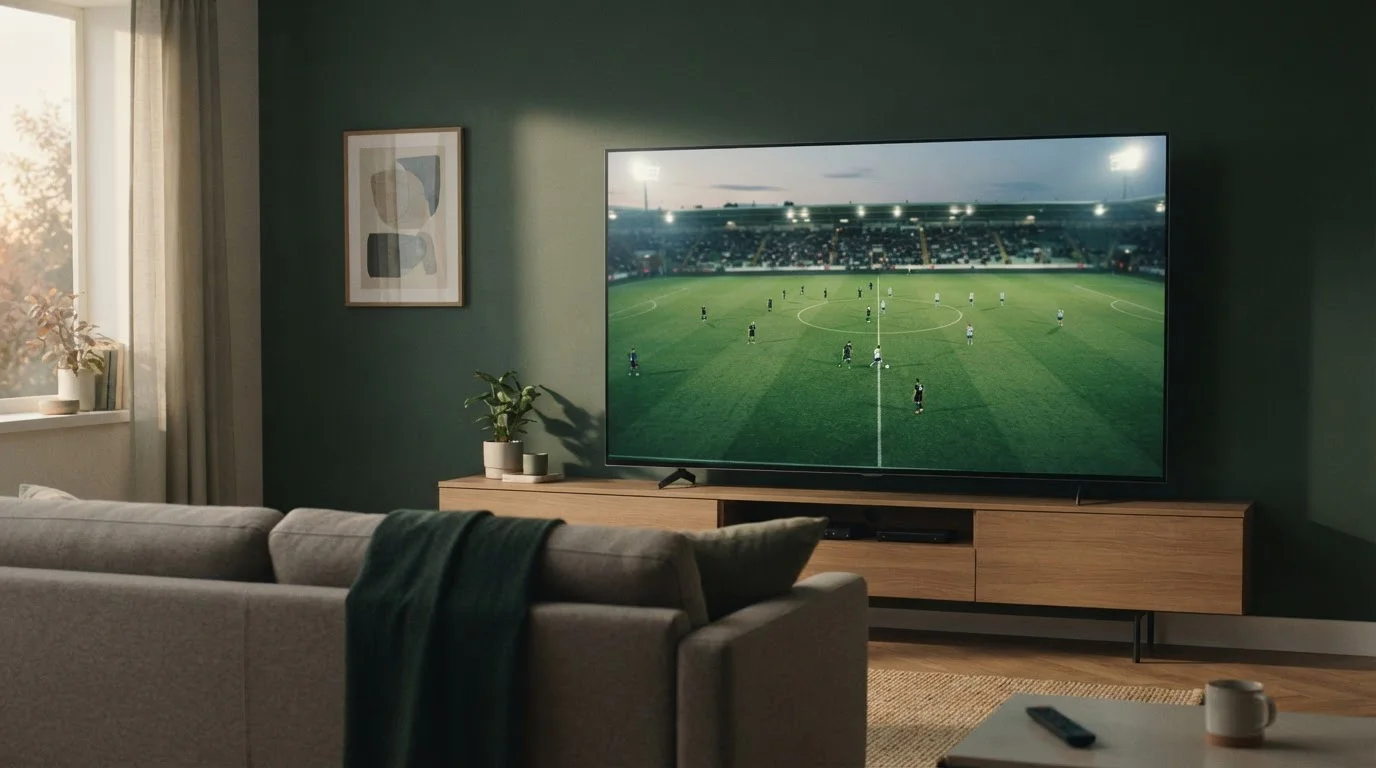Fernsehbild mit Fußballszene auf einem Bildschirm in einem schlichten Raum