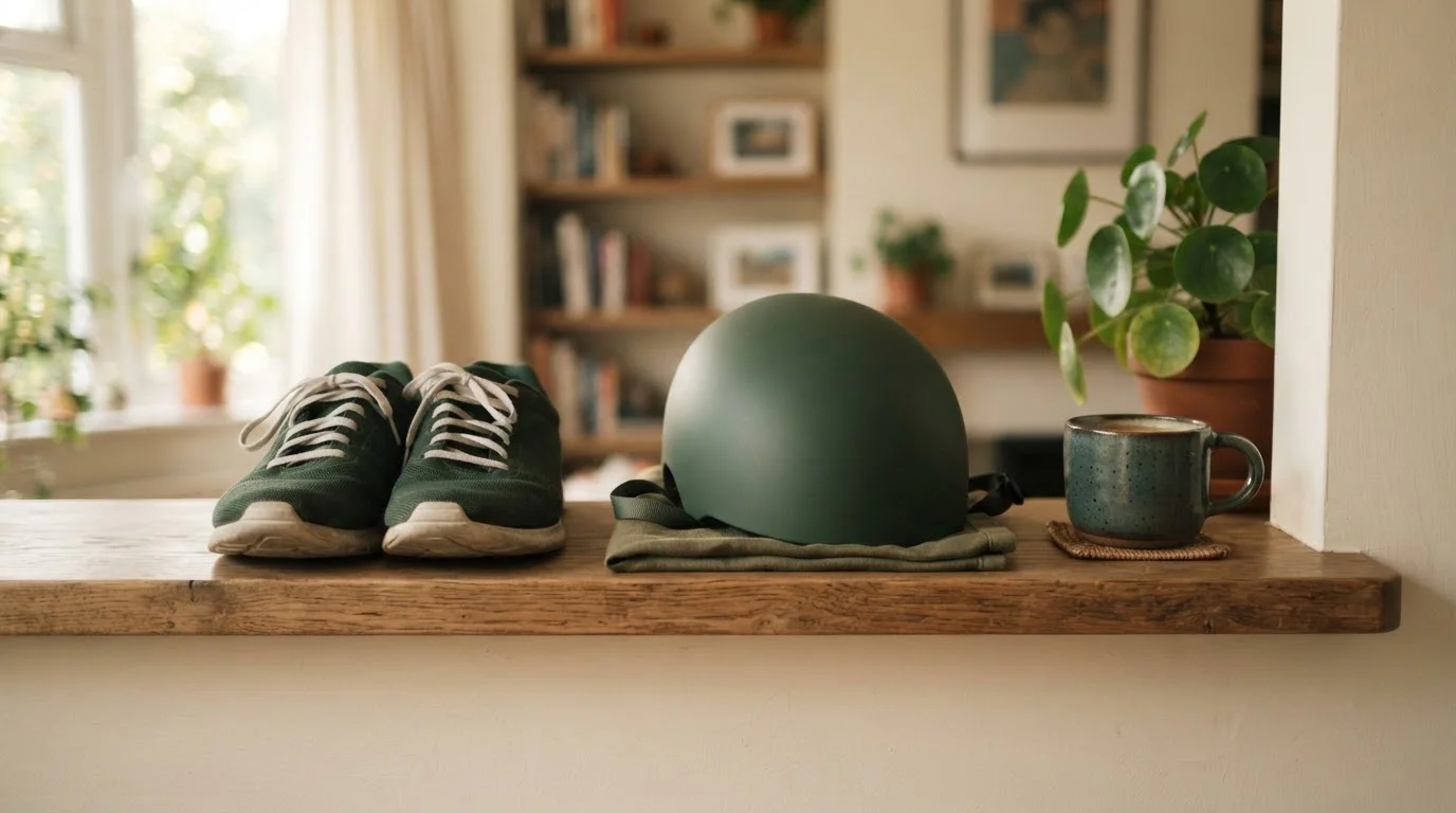 Sportschuhe Fahrradhelm und Tasse ordentlich nebeneinander auf einem Wandregal